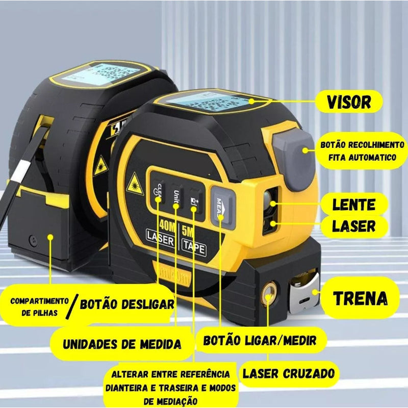 Trena Laser Digital 40M Fita Métrica 5M Multifuncional 3 em 1