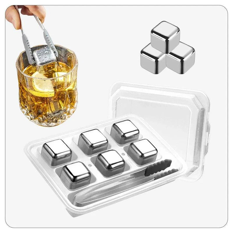 Kit 6 Peças Cubos de Gelo Aço Inox com Pinça de Silicone e Bandeja com Tampa